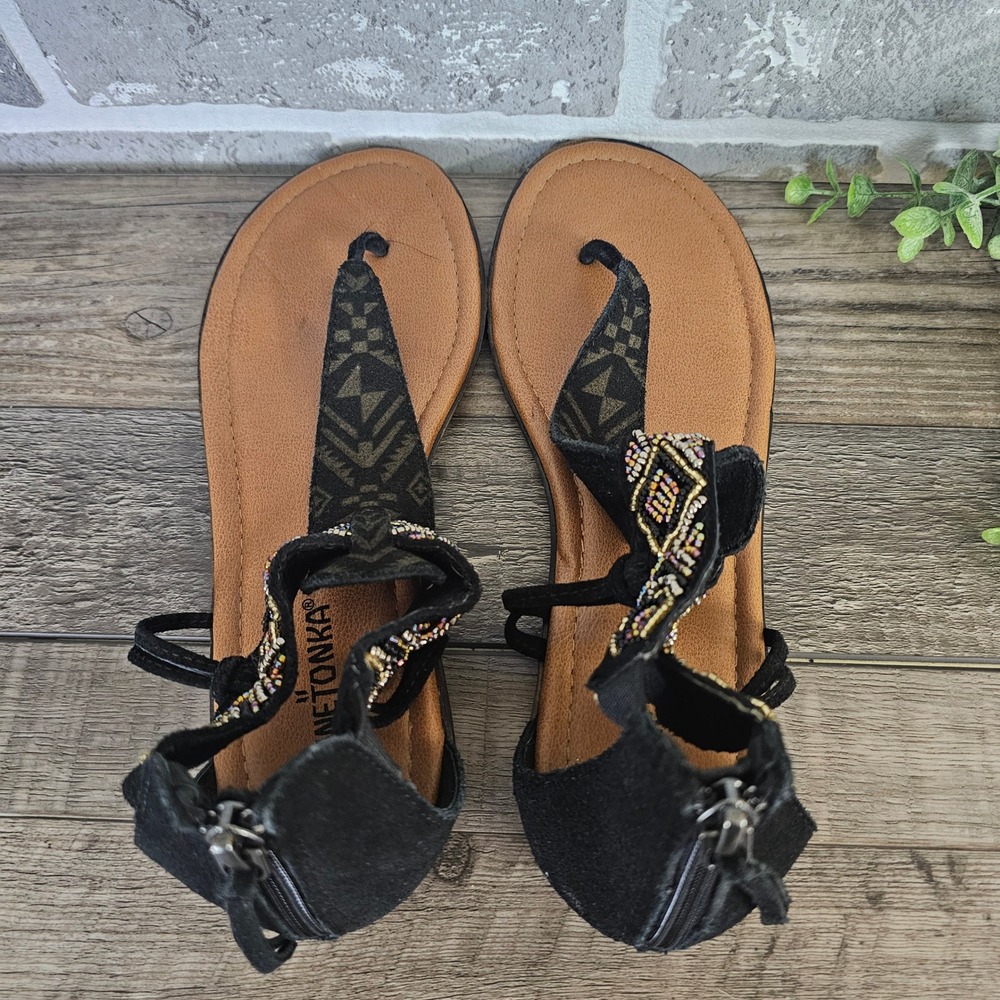 Minnetonka Women Black Suede Beaded Gladiator Sandals 71319 BLM 8 Festival Boho - Picture 5 of 10